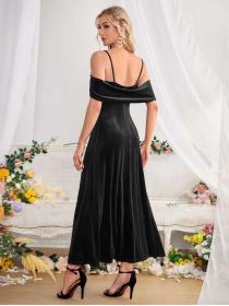 Outlet hot style Evening split velvet long dress off-shoulder Sling temperament Dress