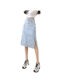 Outlet High-waisted Slim washed denim midi skirt