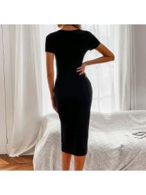 Outlet New style Plian black Slim-Fit Slit Buttons Dress