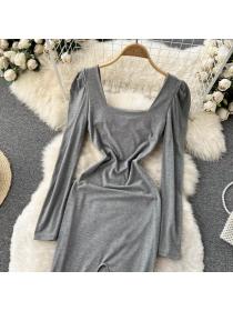 Outlet Simple fashion square-neck puff sleeve dress female slim sexy slit long dress