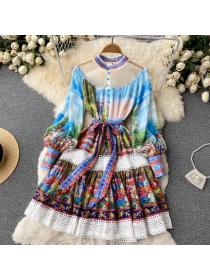 Outlet Vintage style temperament dress women's lace-up thin stand-up dress