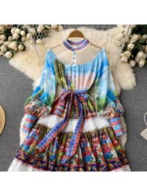 Outlet Vintage style temperament dress women's lace-up thin stand-up dress