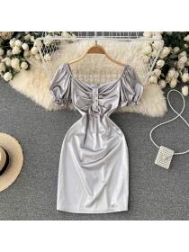 Outlet Sexy square-neck short-sleeved satin dress women's summer slim fit temperament A-line dress