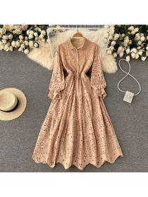 Outlet Vintage style Hollow Embroidered Dress Lace Puff Sleeves Over Knee Long dress