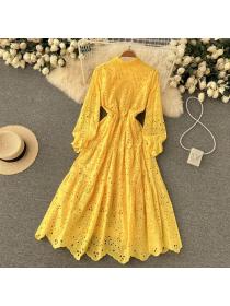 Outlet Vintage style Hollow Embroidered Dress Lace Puff Sleeves Over Knee Long dress