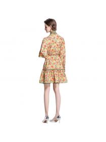 Outlet spring new stand collar long-sleeved Loose waist floral print short dress