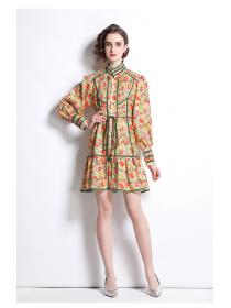 Outlet spring new stand collar long-sleeved Loose waist floral print short dress