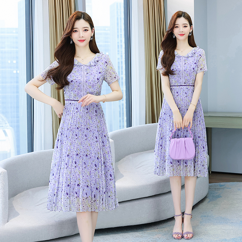 Outlet Chiffon pleated summer purple floral dress