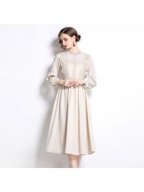 Outlet Pinched waist temperament big skirt apricot cstand collar dress