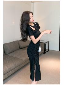 Outlet Drawstring fold short sleeve clavicle split sexy dress
