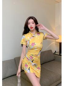 Outlet Short sleeve retro cheongsam flowers maiden dress