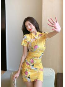 Outlet Short sleeve retro cheongsam flowers maiden dress