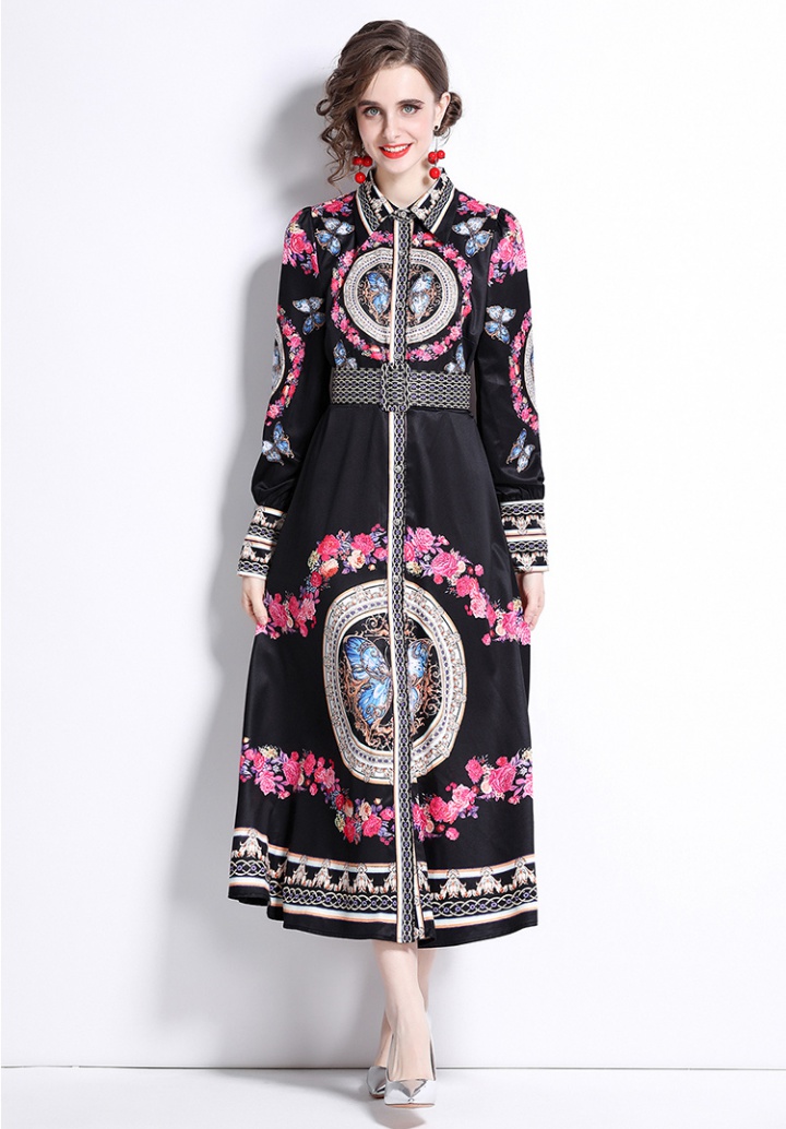 Outlet Fashion long sleeve printing lapel spring dress