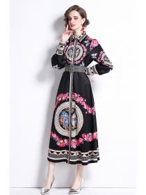 Outlet Fashion long sleeve printing lapel spring dress