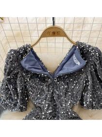 Outlet Spring new sparkling sequins slim-fit V-neck short-sleeved hip-full dress 