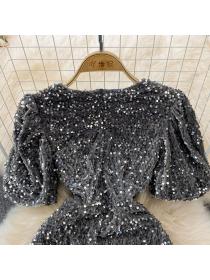Outlet Spring new sparkling sequins slim-fit V-neck short-sleeved hip-full dress 
