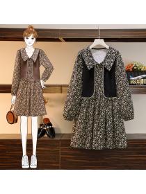 [L-4XL]Spring new plus size women's fake two-piece floral dress