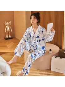 Outlet Long sleeve cotton pajamas printing cardigan 2pcs set