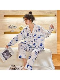 Outlet Long sleeve cotton pajamas printing cardigan 2pcs set