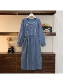 [L-4XL]Spring New Plus-size Women's Square-neck Long-sleeved Dress