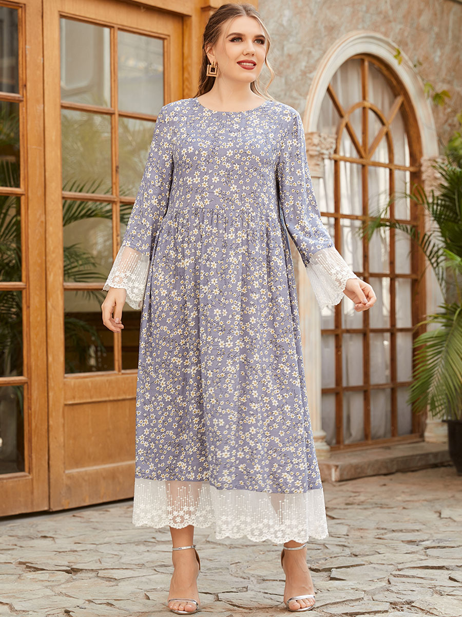 Outlet Printing long sleeve lace long dress for women