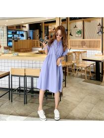 Outlet Korean Style Short sleeve loose long summer bow fat cotton linen dress