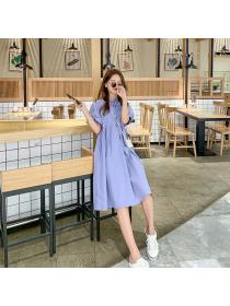Outlet Korean Style Short sleeve loose long summer bow fat cotton linen dress