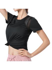 Spring and summer yoga sports fitness top round-neck mesh breathable quick-drying short-sleeved t...