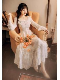 Outlet Lace long retro autumn square collar dress