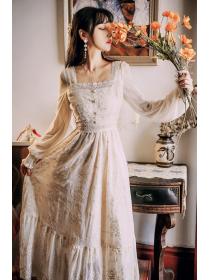 Outlet Lace long retro autumn square collar dress