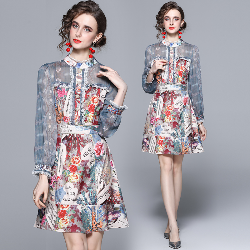 Outlet Pinched waist lotus leaf edges printing dress for women