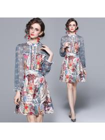 Outlet Pinched waist lotus leaf edges printing dress for women