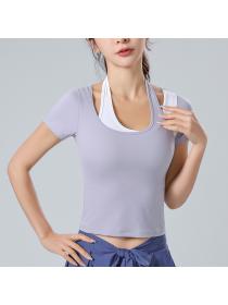 Spring and summer yoga sports fitness top women's running elastic quick-drying tight short-sleeved top fake two-piece ma