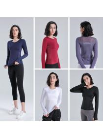 Autumn running sports yoga top women's mesh breathable stretch round-neck long-sleeved gym training clothes
