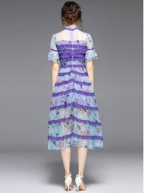Temperament waist ruffled floral chiffon stitching lace cake Dress