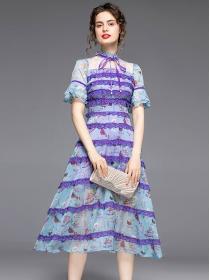 Temperament waist ruffled floral chiffon stitching lace cake Dress