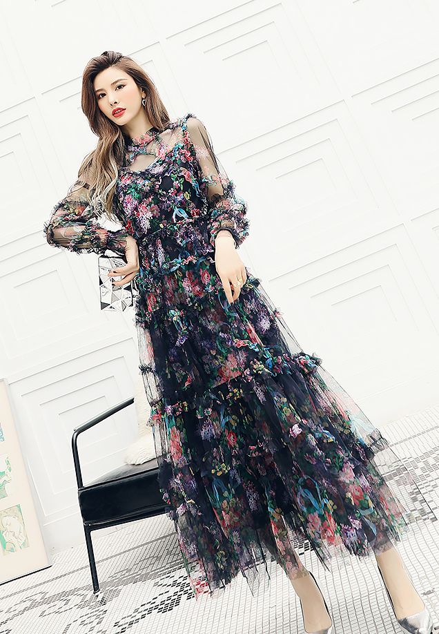 Fairy Sweet Super Fairy French Long Dress Mesh Floral Dress