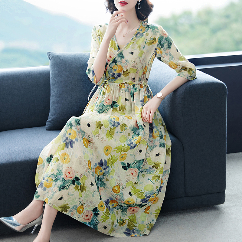 Outlet Fashion Summer drawstring floral V-neck slim dress for women