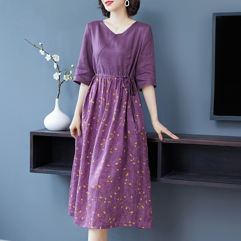 Outlet Cotton linen floral large yard printing dress for women