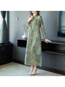Outlet Chinese style cotton linen dress large yard long cheongsam