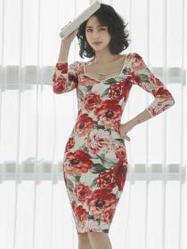 Korean style Temperament Slim  Sexy Hip-pack Floral Printing  Dress