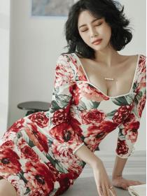 Korean style Temperament Slim  Sexy Hip-pack Floral Printing  Dress