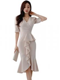 Korean Style Temperament V-neck Slim ruffled fishtail Professional Dress