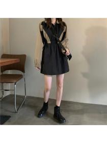 On Sale Mixed colors splice work clothing long sleeve retro dress