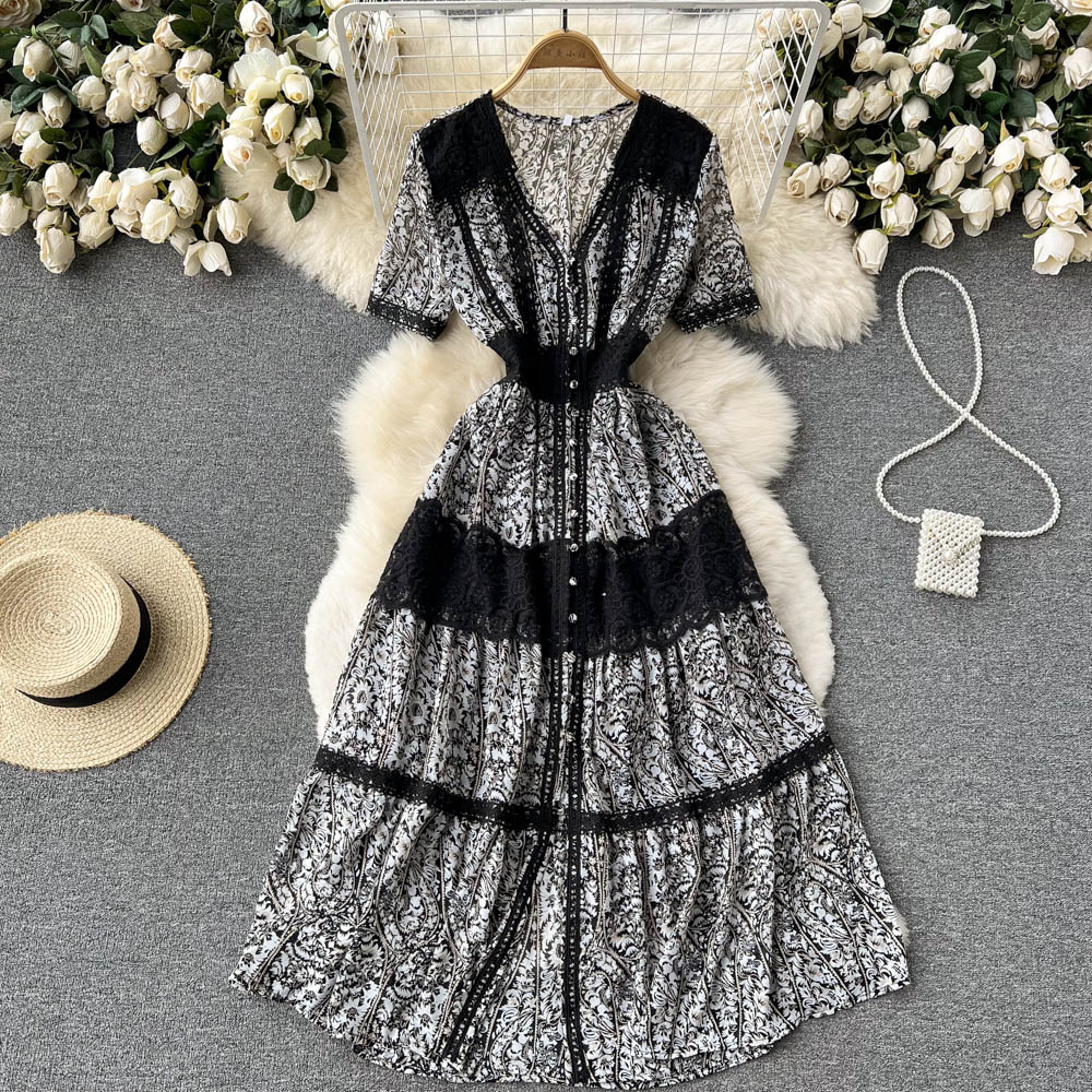 Outlet Printing retro splice spring lace long dress