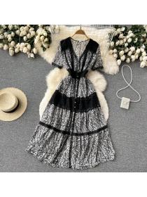 Outlet Printing retro splice spring lace long dress
