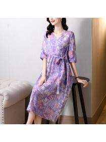 Outlet Purple slim printing cotton linen retro loose summer dress