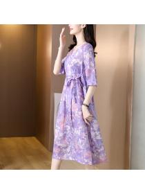 Outlet Purple slim printing cotton linen retro loose summer dress