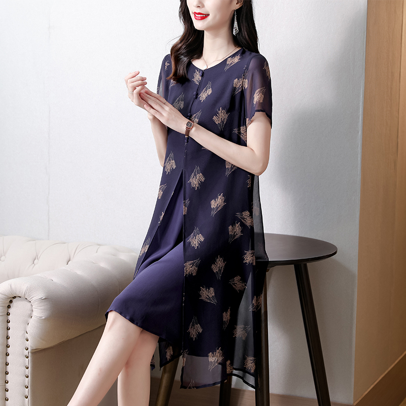Outlet Western style real silk luxurious silk summer middle-aged dress