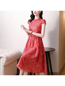 Outlet Slim floral temperament summer pinched waist red dress for women